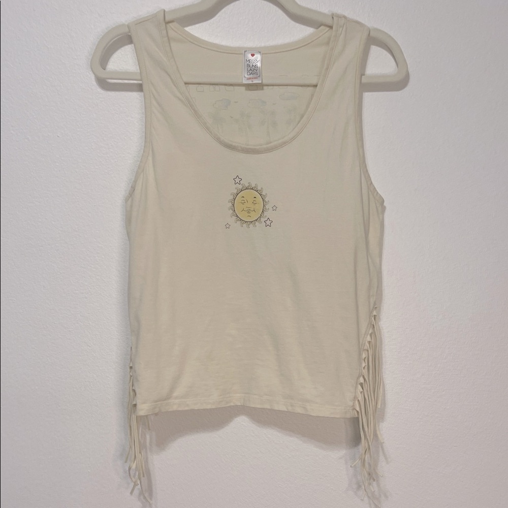 Sunshine Graphic Beige Tank Top Size Large PTP 17”-19” EUC